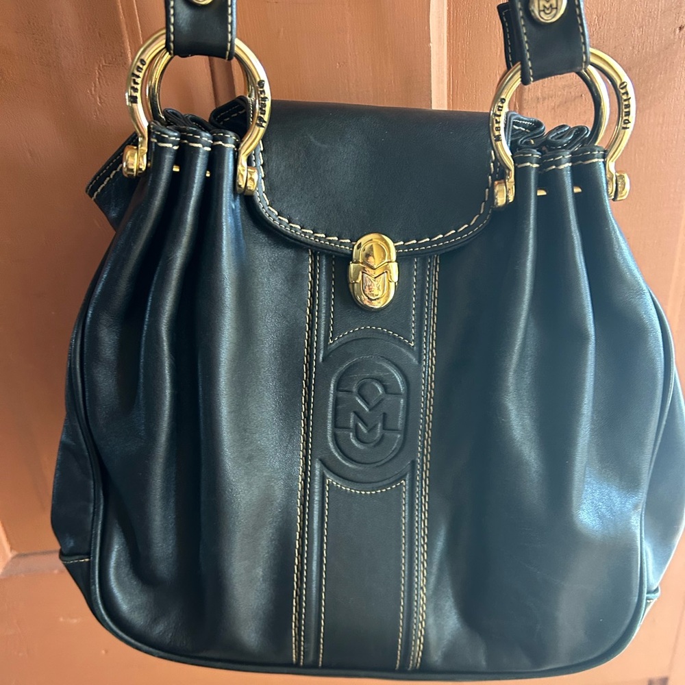 MARINO ORLANDI Luxury Black Leather Flap Bucket Satchel Bag Made In Italy